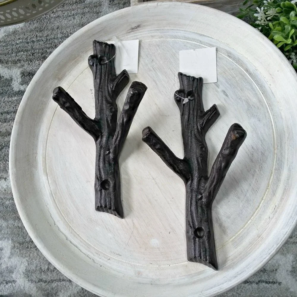 NEW! SET/2 RUSTIC Cast METAL BRANCH Twigs WALL HOOKS